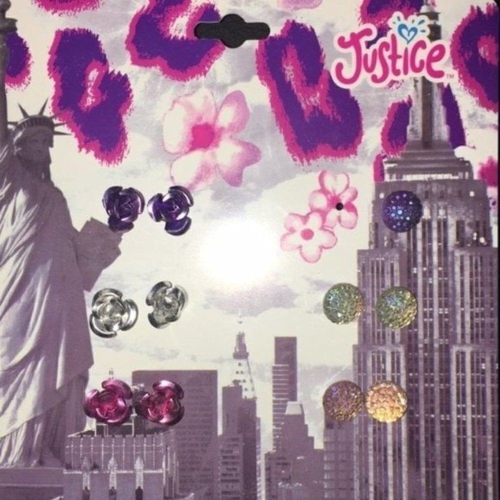 Justice 5 Pair Stud Earrings‎ Girls Purple Pink Silver Glitter Floral Trendy